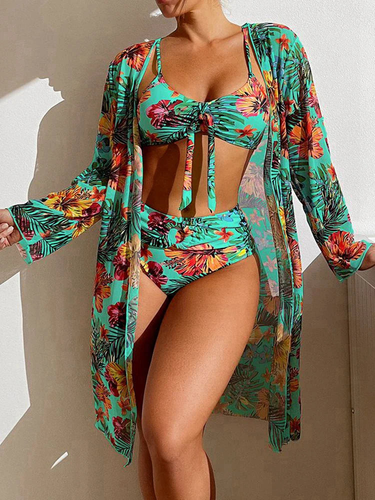 Swimwear- Sexy High Waist Bikini 3 Pieces Floral Print Swimsuit