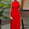 Women Pocket Front Zipper Sleeveless Wide Leg Jumpsuit One Piece Suit 