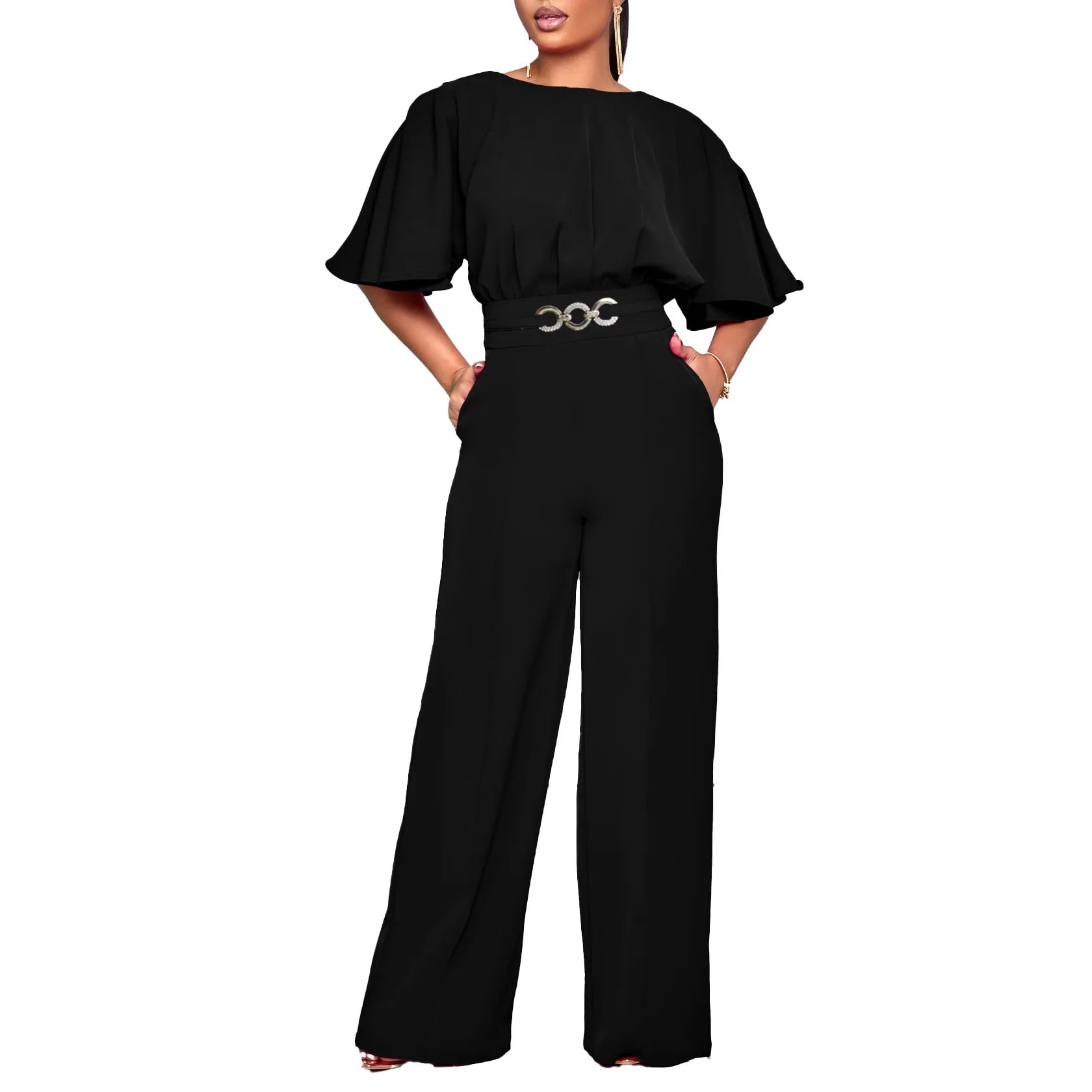 Jumpsuits Women Elegant Luxury O Neck Short Sleeve Belt Waisted StraigSPECIFICATIONSBrand Name: NoEnName_NullStyle: Office LadyAge: MIDDLE AGEOrigin: Mainland ChinaCN: GuangdongSeason: All seasonMaterial: POLYESTERDecoration: sashesFabDMEwomenstorenull