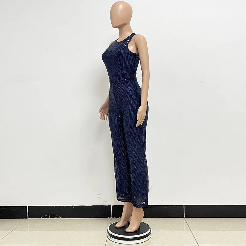 Sleeveless Sequined Jumpsuit Round Neck Slim Fit High Waist Sexy SprinSPECIFICATIONSBrand Name: mandylandyStyle: StreetwearAge: MIDDLE AGEOrigin: Mainland ChinaCN: GuangdongSeason: SummerMaterial: POLYESTERDecoration: SequinedFabric TyDMEwomenstorenull