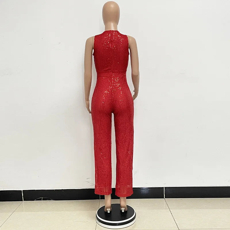 Sleeveless Sequined Jumpsuit Round Neck Slim Fit High Waist Sexy SprinSPECIFICATIONSBrand Name: mandylandyStyle: StreetwearAge: MIDDLE AGEOrigin: Mainland ChinaCN: GuangdongSeason: SummerMaterial: POLYESTERDecoration: SequinedFabric TyDMEwomenstorenull