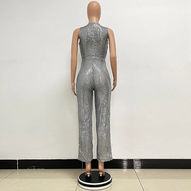 Sleeveless Sequined Jumpsuit Round Neck Slim Fit High Waist Sexy Sprin