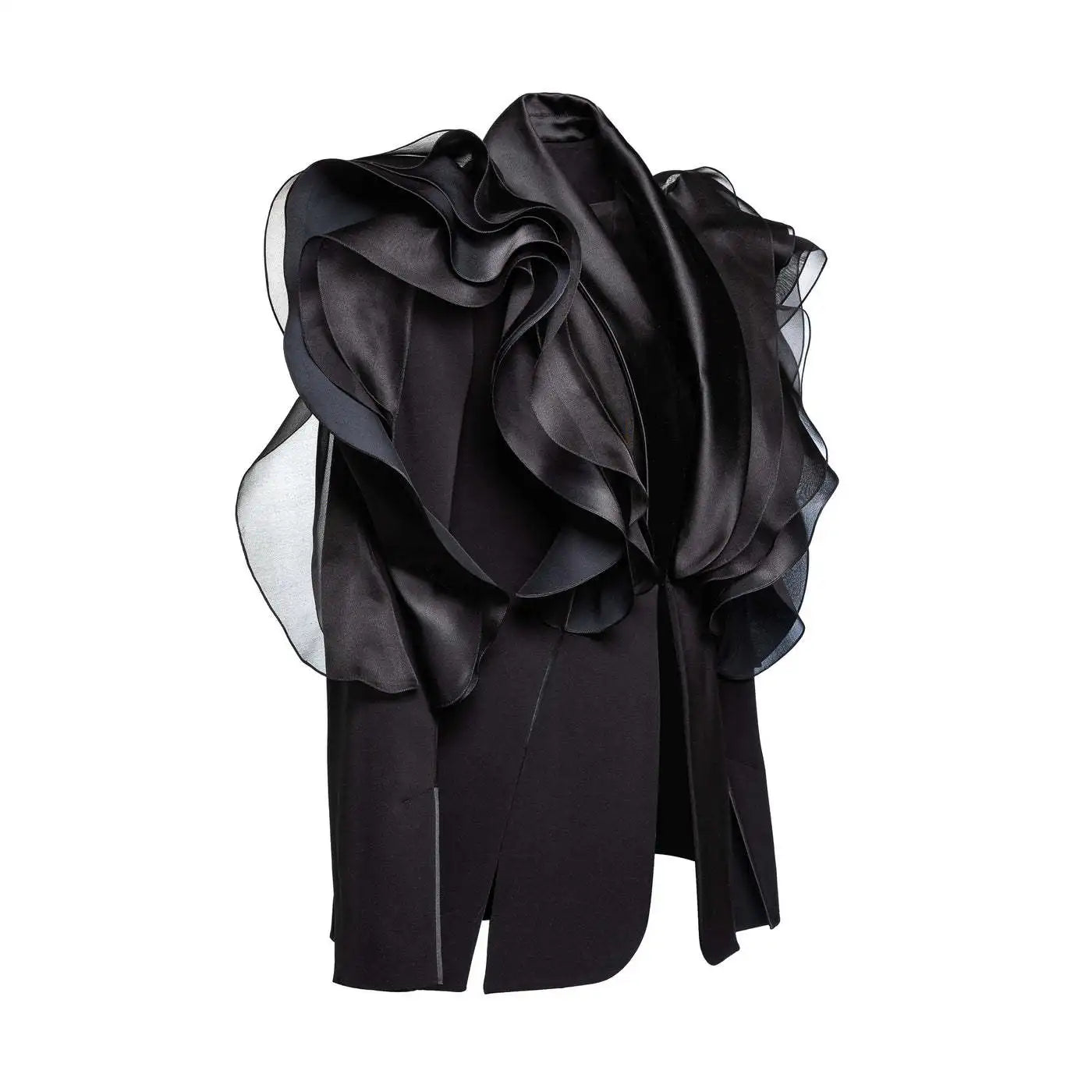 Stitching long sleeve ladies black blazer coat with shawl collar and ruffles.