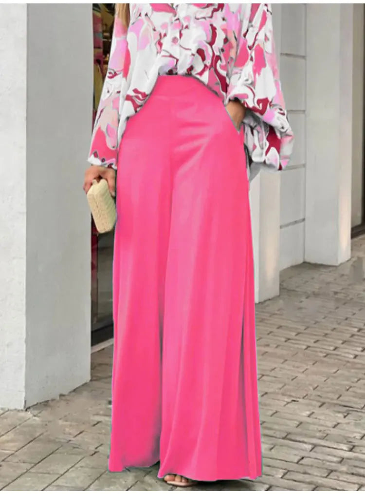 2-Pieces Set Print Blouse Solid High Waist Wide Leg Pants Elegant Lady