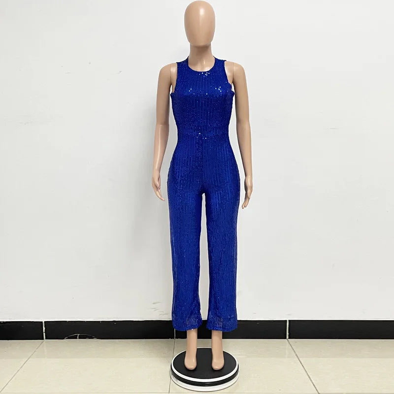 Sleeveless Sequined Jumpsuit Round Neck Slim Fit High Waist Sexy Sprin