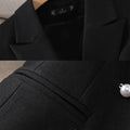 Long sleeve black blazer with notched collar and pearl button details.