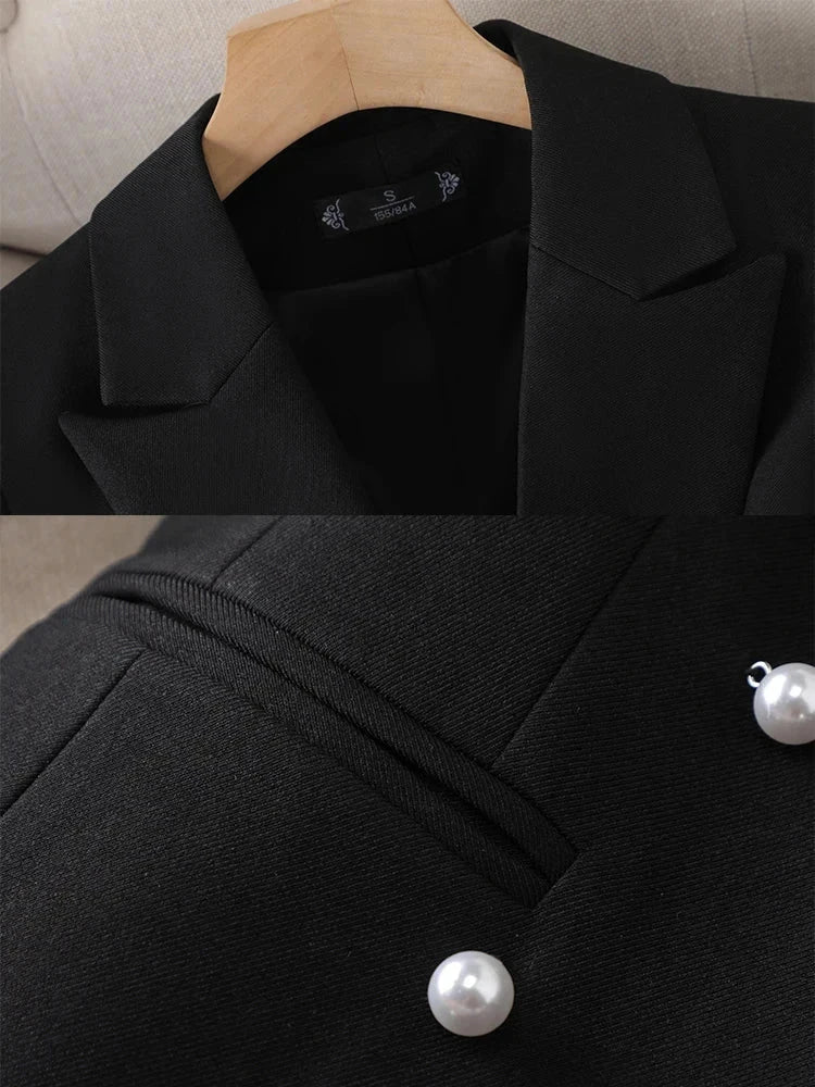 Long sleeve black blazer with notched collar and pearl button details.