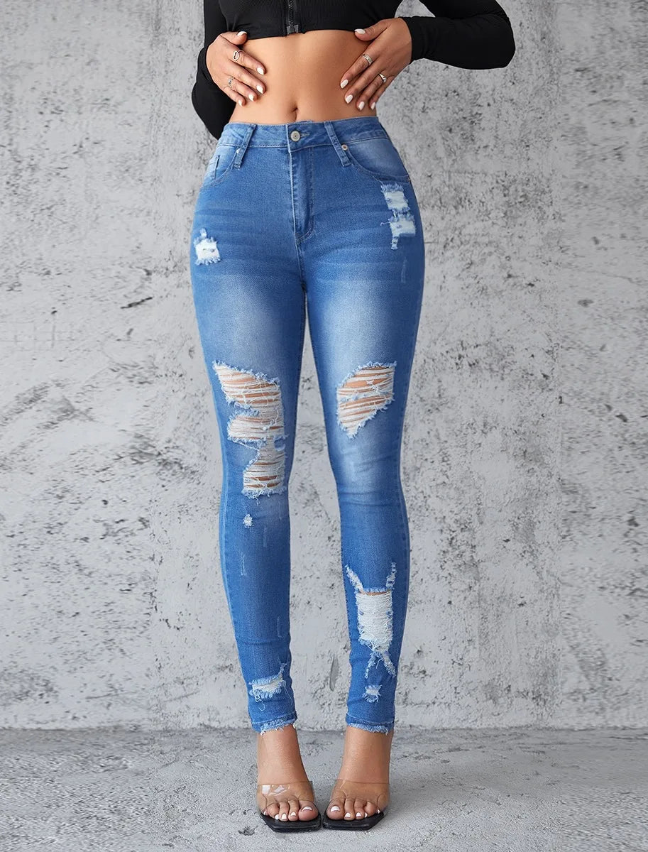 Ankle Length Ripped Hole High Waist Jean Sheath Pencil Denim Pants SkiSPECIFICATIONSBrand Name: kalenmosMaterial: POLYESTERElasticity: Slight StrechFabric Type: CoatedHign-concerned Chemical: NoneLength: Ankle-Length PantsFit Type: SKIDMEwomenstorenull