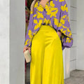 2-Pieces Set Print Blouse Solid High Waist Wide Leg Pants Elegant Lady