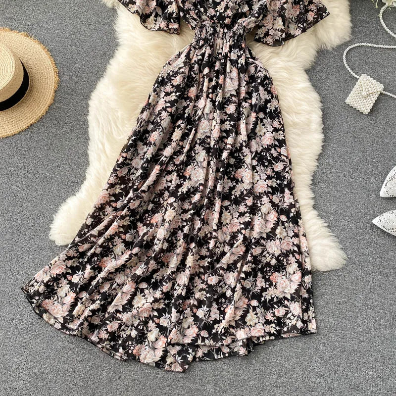 Floral Print Ruffle Chiffon Elegant Midi Dress A-line V Neck Beach VacSPECIFICATIONSBrand Name: unidanceElasticity: Non StrechSleeve Style: regularFabric Type: POLYESTERHign-concerned Chemical: NonePattern Type: PrintFit Type: SlimSilhDMEwomenstorenull