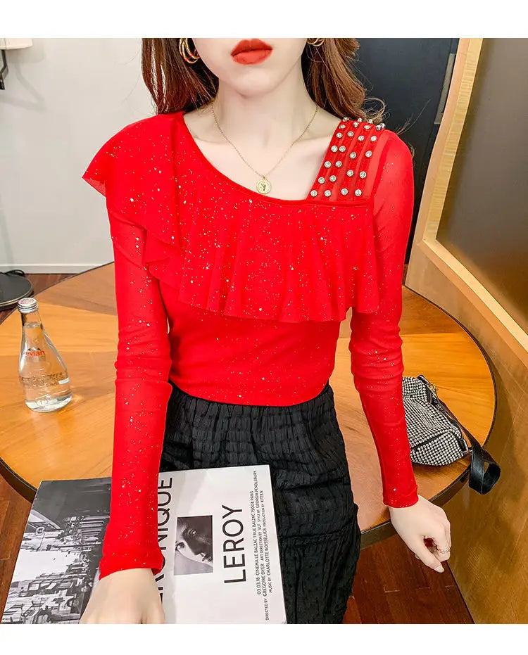 Sweet Skew Collar Spliced Gauze Ruffles Beading Blouse Female ClothingSPECIFICATIONSBrand Name: COZOKStyle: SweetElasticity: Slight StrechOrigin: Mainland ChinaSeason: Spring/SummerFabric Type: blendedMaterial: POLYESTERPattern Type: SDMEwomenstorenull