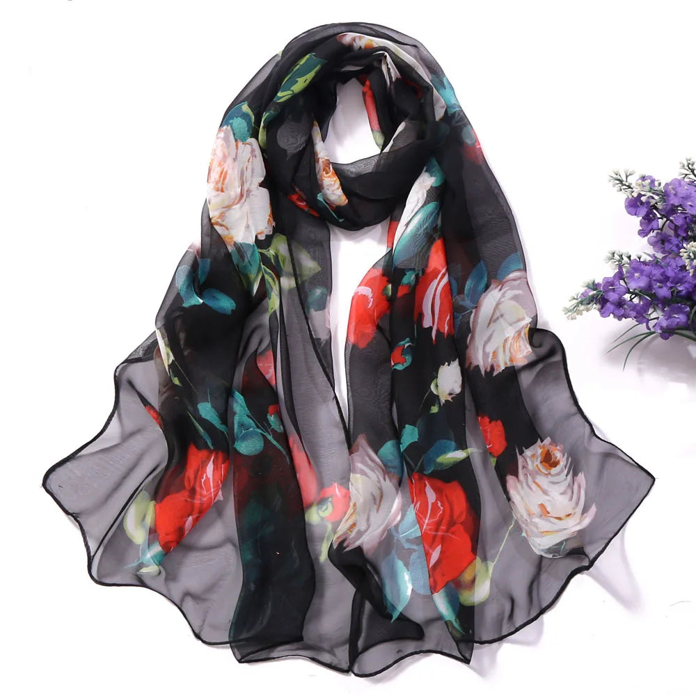 Scarf Women Foulard Shawl Bandana Elegant Beach Sun ProtectionSPECIFICATIONSDepartment Name: ADULTSize: 50*160cm(1cm=0.39in)pattern: RoseApply to season: Spring,Autumn,summerStyle: ElegantColor: Red,Black,Navy blueBrand Name: NDMEwomenstorenull