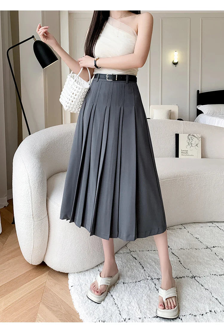 High Waist Midi Pleated Skirts Women's Fashion A-line Casual Suit SkirSPECIFICATIONSBrand Name: YUAZHOQIMaterial: POLYESTERStyle: CasualElasticity: Non StrechOrigin: Mainland ChinaCN: GuangdongSeason: Spring/SummerFabric Type: BroadcloDMEwomenstorenull