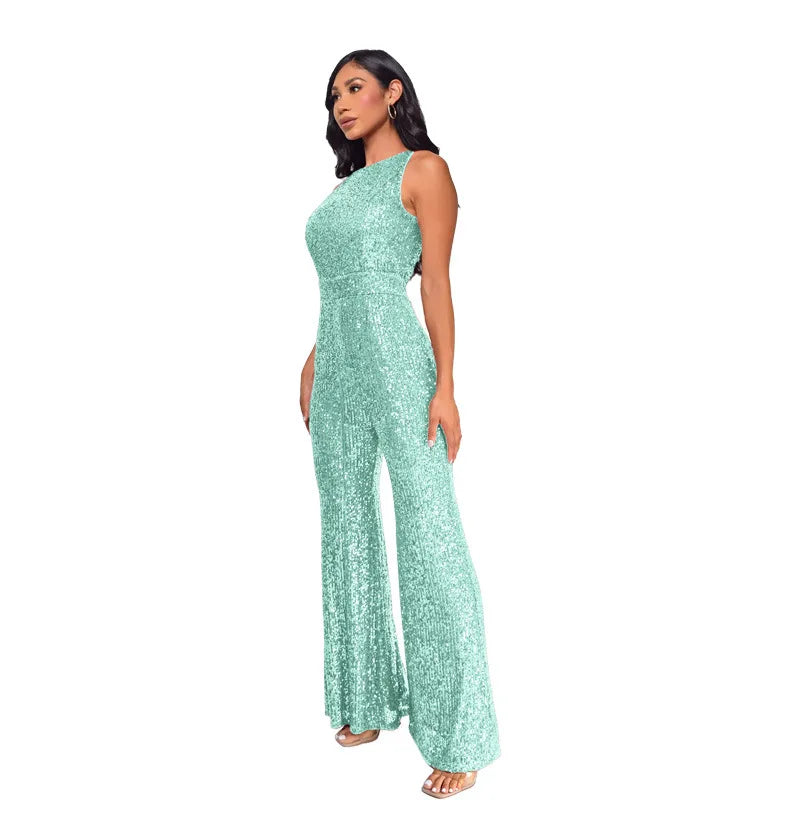 Sleeveless Sequined Jumpsuit Round Neck Slim Fit High Waist Sexy Sprin