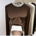 Contrasting Splicing Long Sleeved Round Neck T-shirt Base Shirt Warm TSPECIFICATIONSBrand Name: NoEnName_NullStyle: Office LadyAge: MIDDLE AGEOrigin: Mainland ChinaCN: GuangdongSeason: Autumn/WinterClothing Length: regularDecoration: PDMEwomenstorenull