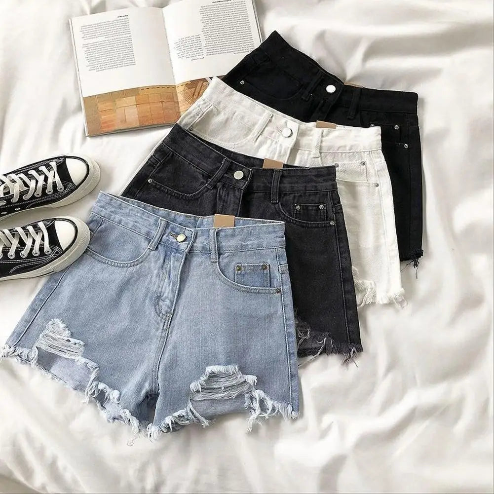 High Waist Denim Shorts for Women A-line Solid Color Ripped Button ZipSPECIFICATIONSBrand Name: SANWOODDecoration: ButtonFabric Type: blendedPant Style: regularPattern Type: SolidFit Type: regularStyle: CasualMaterial: COTTONMaterial: DMEwomenstorenull