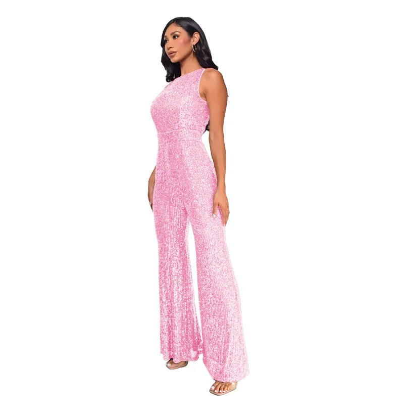 Sleeveless Sequined Jumpsuit Round Neck Slim Fit High Waist Sexy Sprin