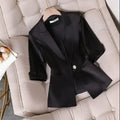 Slim waist black jacket blazer for women with cropped sleeves, ideal for summer office wear.