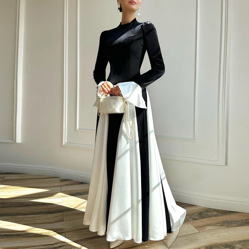 Pleated Dress Color Blocked Flared Sleeves Ladies Elegant Patchwork 