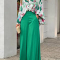 2-Pieces Set Print Blouse Solid High Waist Wide Leg Pants Elegant Lady