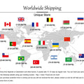 Worldwide shipping delivery times map for various countries including Canada, UK, and Australia.