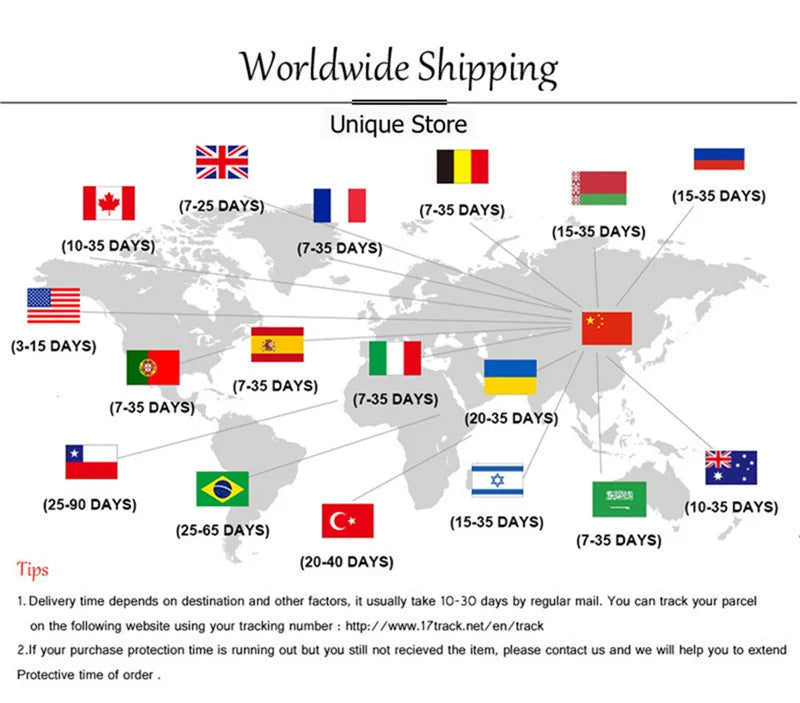 Worldwide shipping delivery times map for various countries including Canada, UK, and Australia.