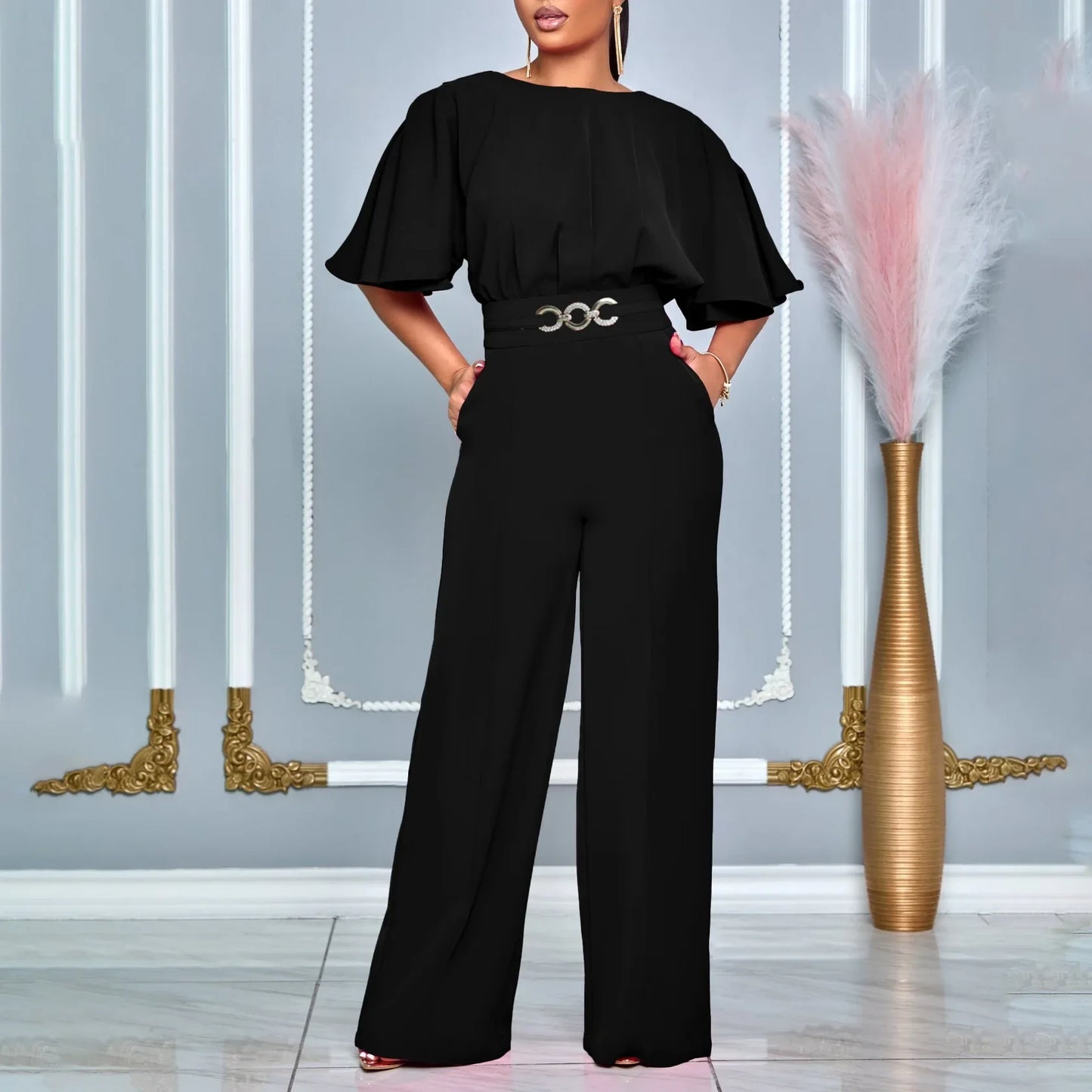 Jumpsuits Women Elegant Luxury O Neck Short Sleeve Belt Waisted StraigSPECIFICATIONSBrand Name: NoEnName_NullStyle: Office LadyAge: MIDDLE AGEOrigin: Mainland ChinaCN: GuangdongSeason: All seasonMaterial: POLYESTERDecoration: sashesFabDMEwomenstorenull