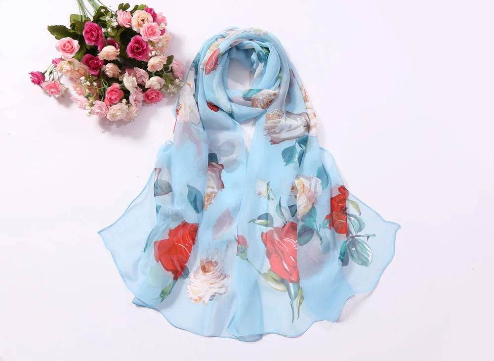 Scarf Women Foulard Shawl Bandana Elegant Beach Sun ProtectionSPECIFICATIONSDepartment Name: ADULTSize: 50*160cm(1cm=0.39in)pattern: RoseApply to season: Spring,Autumn,summerStyle: ElegantColor: Red,Black,Navy blueBrand Name: NDMEwomenstorenull