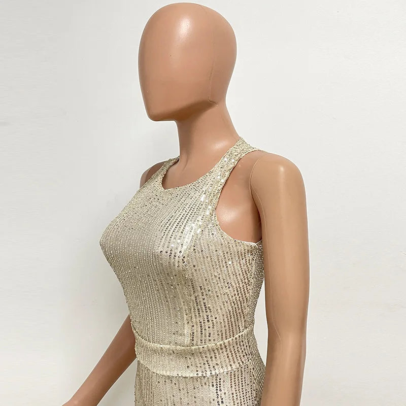 Sleeveless Sequined Jumpsuit Round Neck Slim Fit High Waist Sexy Sprin