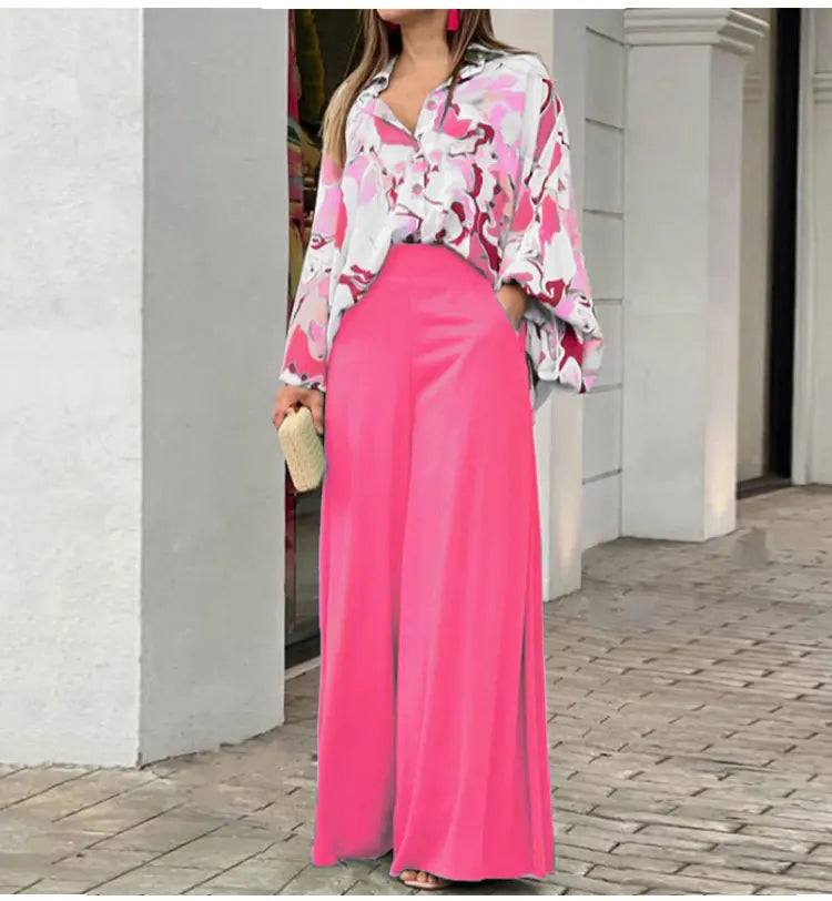 2-Pieces Set Print Blouse Solid High Waist Wide Leg Pants Elegant Lady