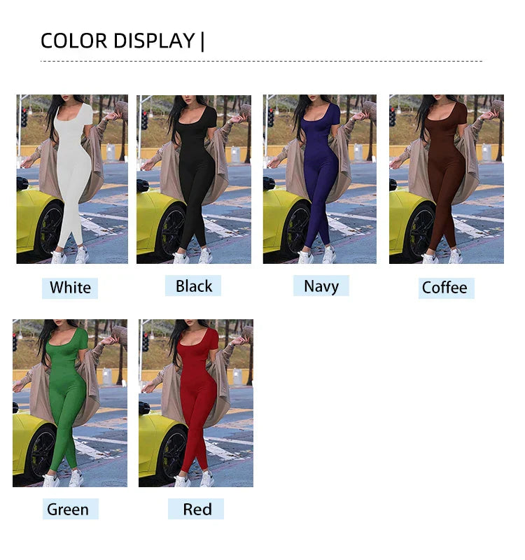 Jumpsuit- Women's Round Neck Short Sleeve Slim One-piece Pants