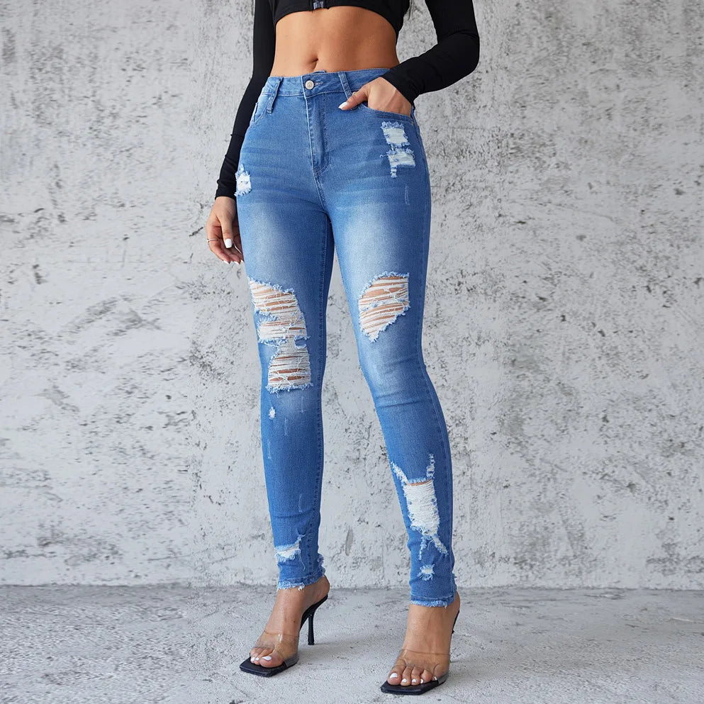 Ankle Length Ripped Hole High Waist Jean Sheath Pencil Denim Pants SkiSPECIFICATIONSBrand Name: kalenmosMaterial: POLYESTERElasticity: Slight StrechFabric Type: CoatedHign-concerned Chemical: NoneLength: Ankle-Length PantsFit Type: SKIDMEwomenstorenull