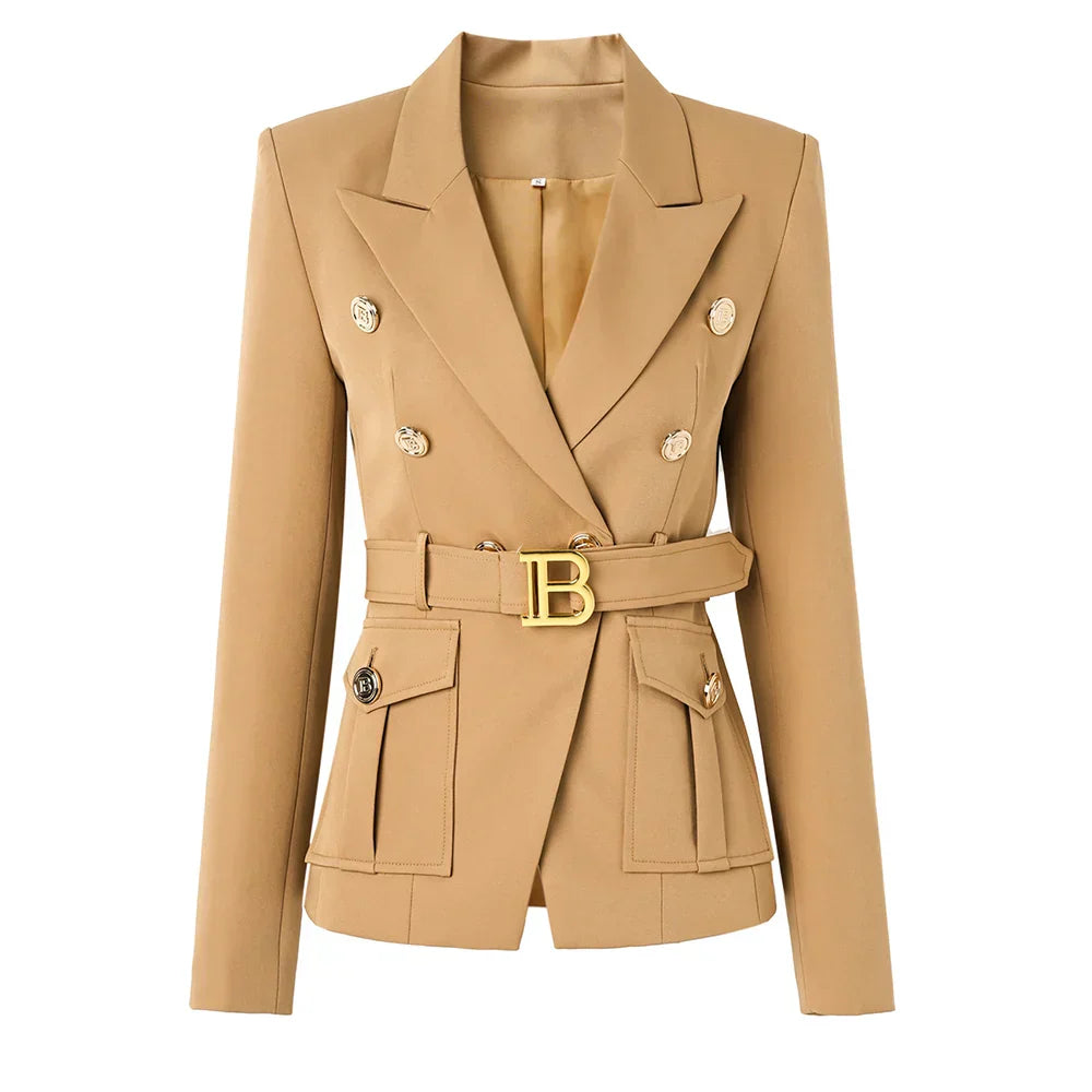 Luxury classic style women's blazer with notched collar and double-breasted design.