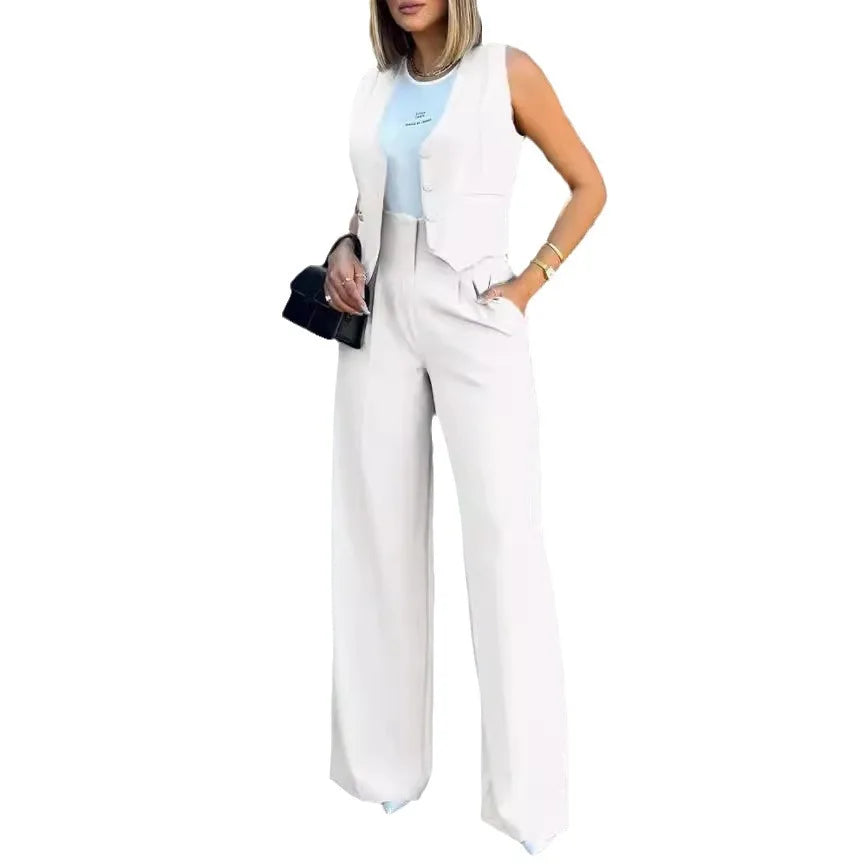 Women's casual slim notched blazer and pants set in solid color.