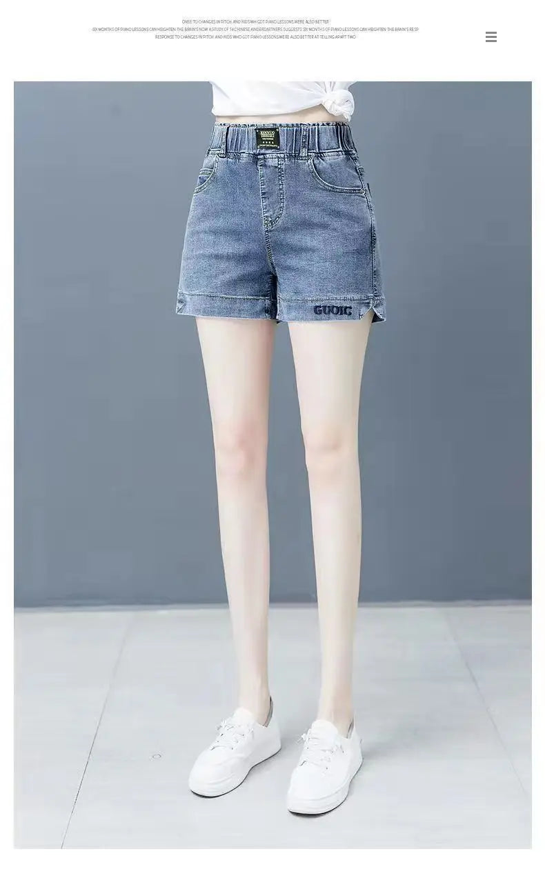 High waisted denim shorts version in large size for slimming effectSPECIFICATIONSBrand Name: NoEnName_NullDecoration: AppliquesFabric Type: KnittingPant Style: regularPattern Type: SolidFit Type: LOOSE FITStyle: CasualMaterial: POLYDMEwomenstorenull