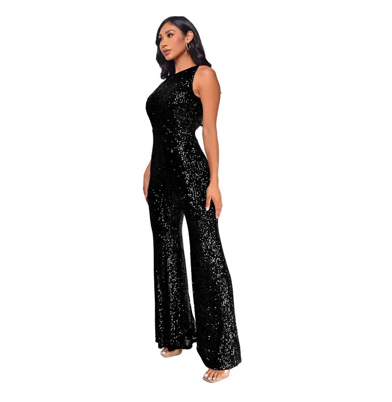 Sleeveless Sequined Jumpsuit Round Neck Slim Fit High Waist Sexy Sprin