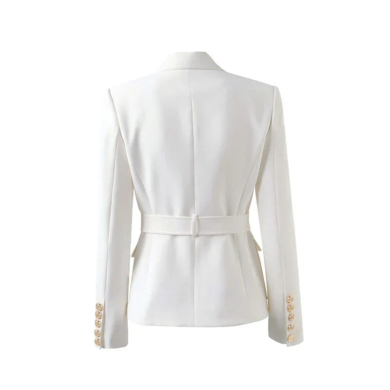 Luxury white women's pocket blazer with double breasted closure and notched collar.